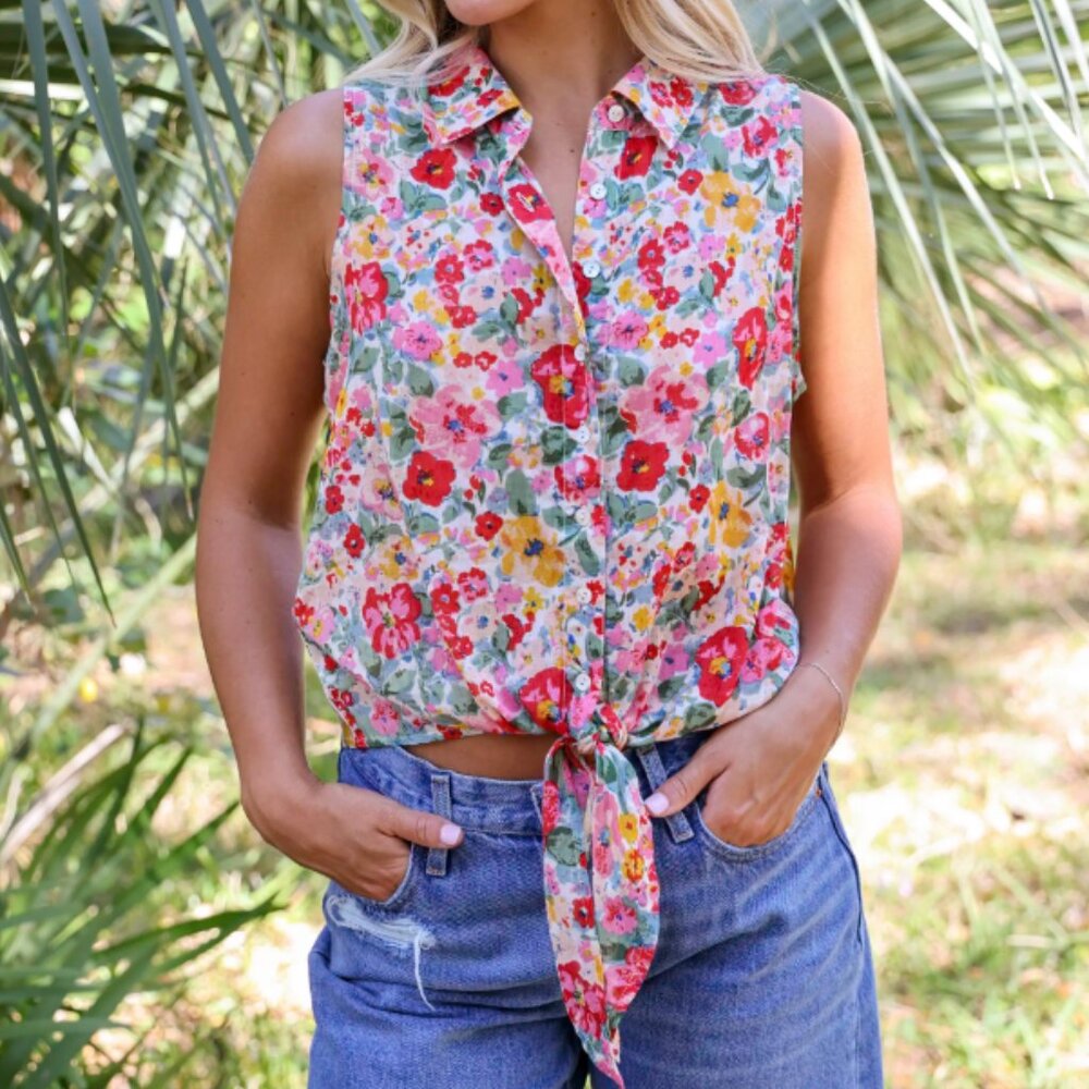 Natural Life Lola Sleeveless Tie Top Bright Floral Print